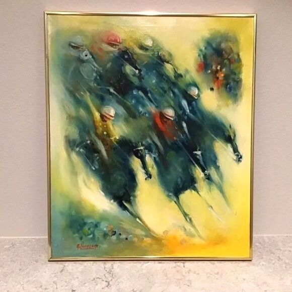 Armand Lourenco Oil Painting on Canvas of Horse Race signed framed - Picture 8 of 16